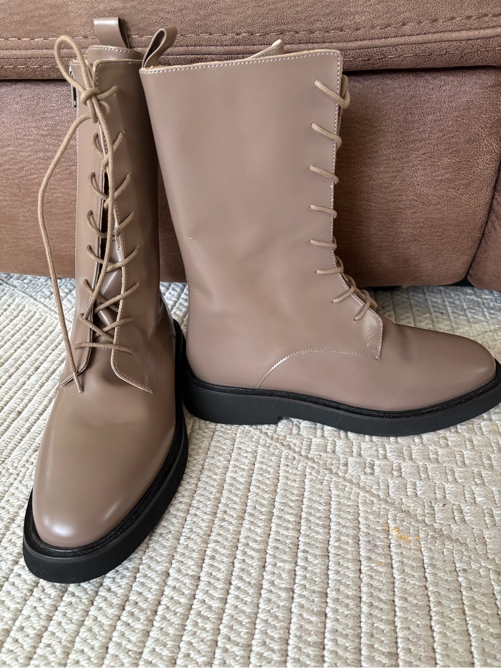 Anthropologie Taupe Lace-Up Mid-Calf Boots